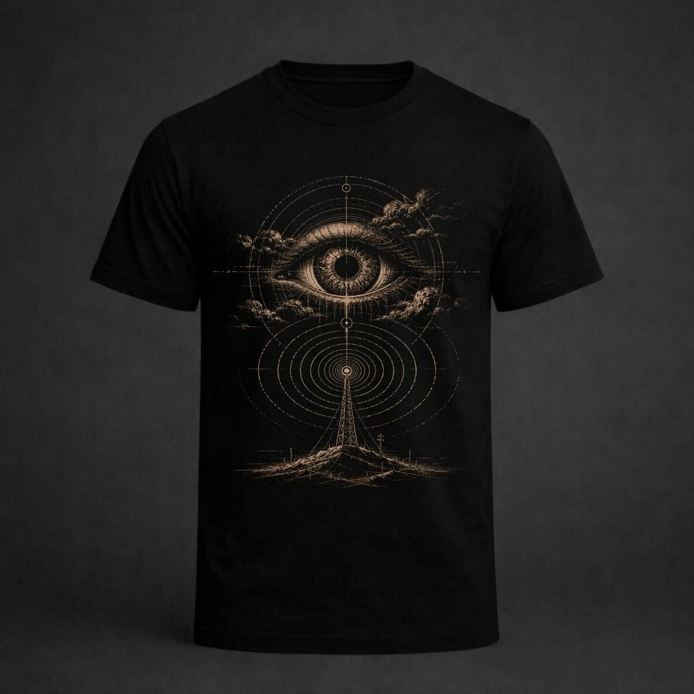 Black t-shirt with a gold eye design on a dark background