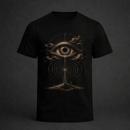 Black t-shirt with a gold eye design on a dark background