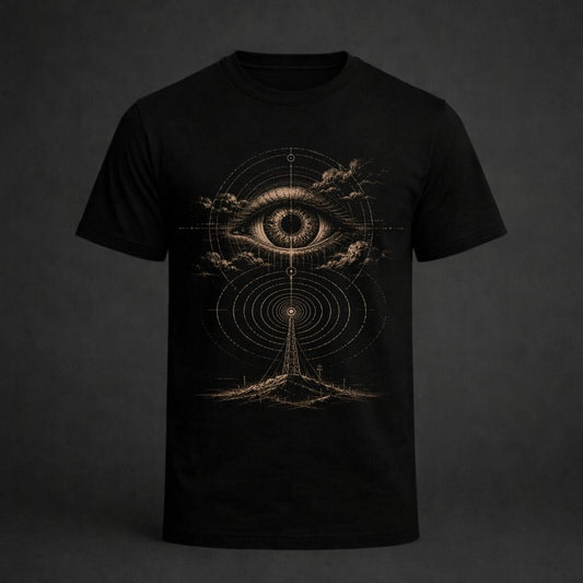 Black t-shirt with a gold eye design on a dark background