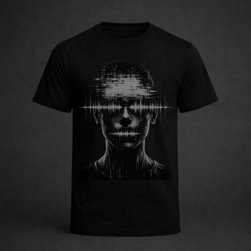A black short-sleeve crewneck t-shirt featuring a distressed, high-contrast graphic print of a human face with a horizontal soundwave or static line across the eyes, set against a dark gray background.