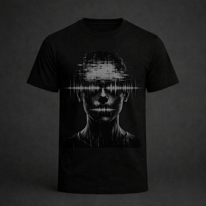 A black short-sleeve crewneck t-shirt featuring a distressed, high-contrast graphic print of a human face with a horizontal soundwave or static line across the eyes, set against a dark gray background.