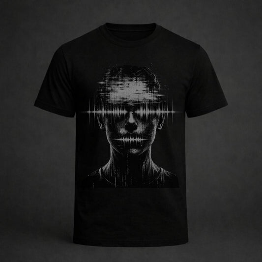 A black short-sleeve crewneck t-shirt featuring a distressed, high-contrast graphic print of a human face with a horizontal soundwave or static line across the eyes, set against a dark gray background.