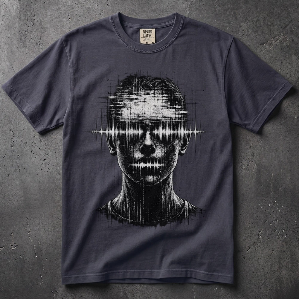 A dark slate blue crewneck t-shirt featuring a black and white graphic print of a human face with a soundwave pattern overlay, displayed flat on a textured gray background.