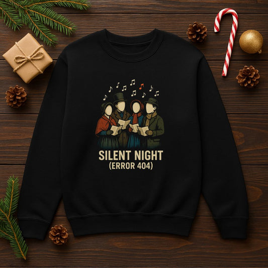 Silent Night Error 404 Sweatshirt – Glitch Christmas Caroler Design