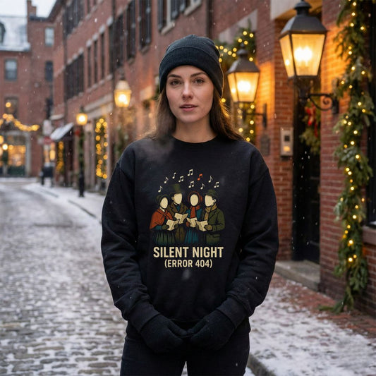 Silent Night Error 404 Sweatshirt – Glitch Christmas Caroler Design