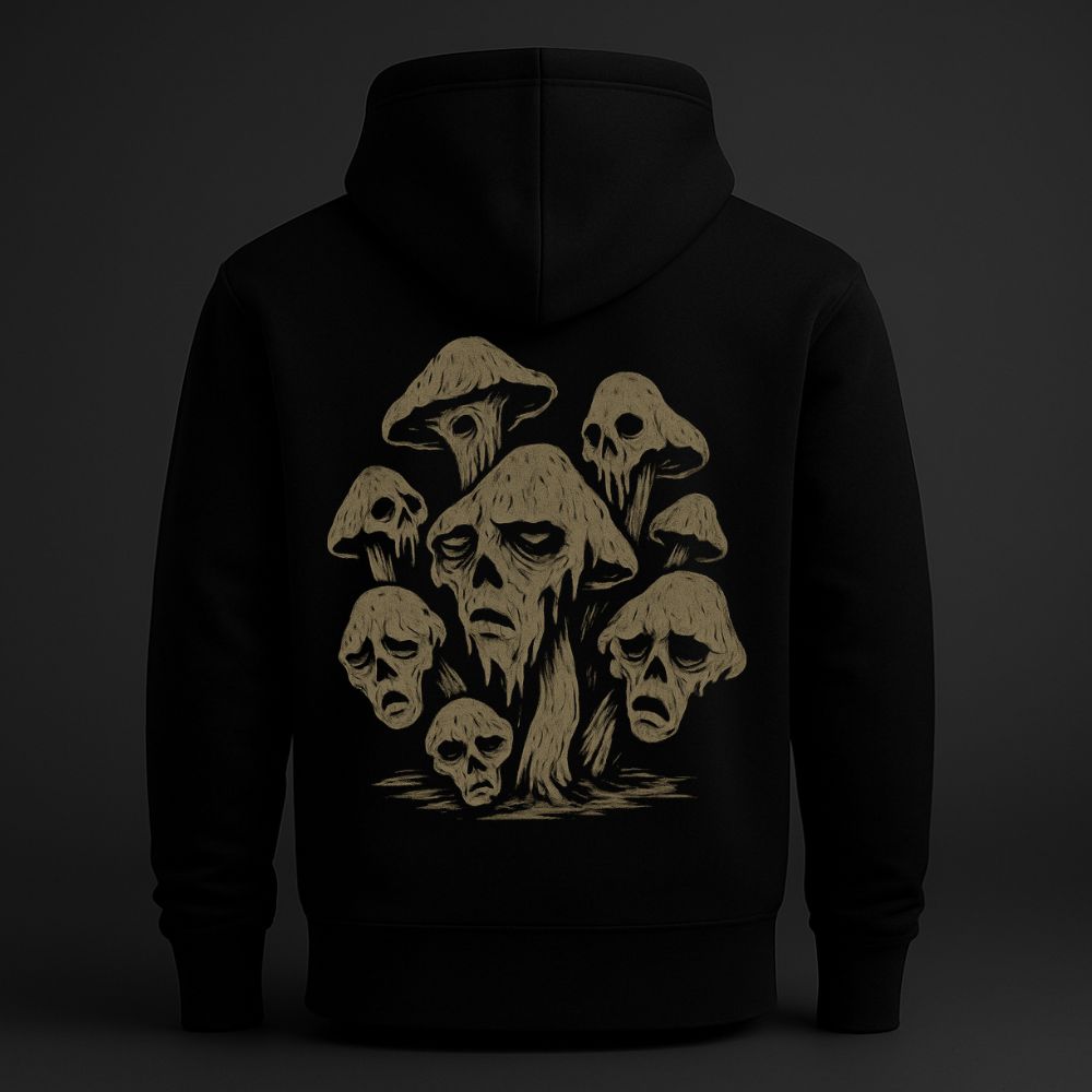 Black hoodie featuring a dark surreal back print of skull-faced mushrooms forming an eerie fungal grove in muted bone tones.