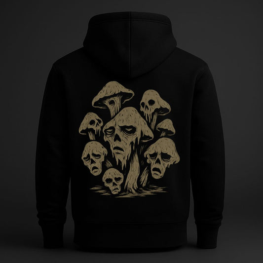 Black hoodie featuring a dark surreal back print of skull-faced mushrooms forming an eerie fungal grove in muted bone tones.