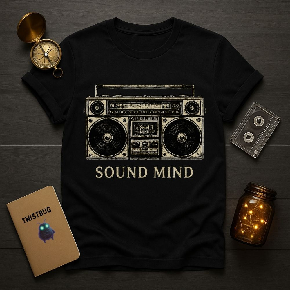 Black t-shirt with boombox graphic and 'Sound Mind' text on a wooden surface with decorative items.