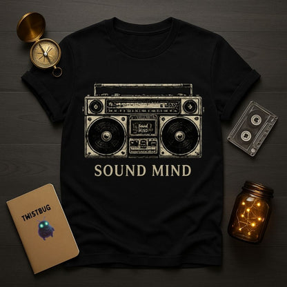Black t-shirt with boombox graphic and 'Sound Mind' text on a wooden surface with decorative items.