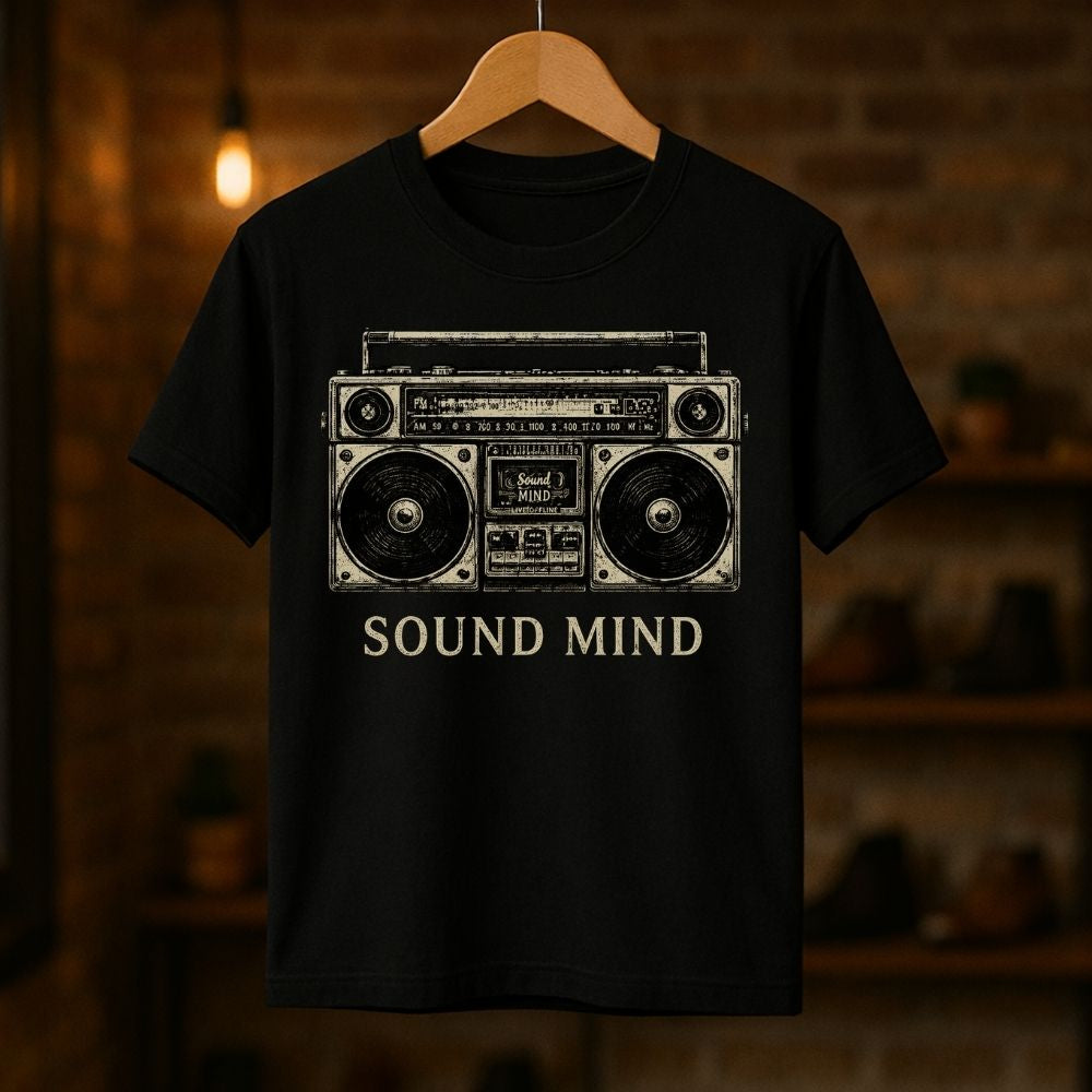 Black t-shirt with a graphic of a boombox and 'Sound Mind' text on a wooden hanger against a dark background.