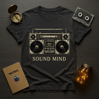 Black t-shirt with boombox graphic and 'Sound Mind' text on a wooden surface with vintage items.