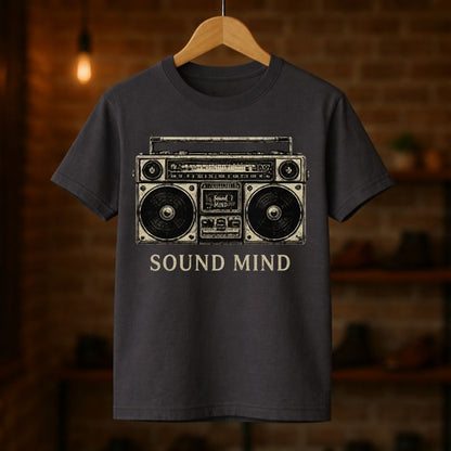 Dark gray t-shirt with a graphic of a boombox and 'Sound Mind' text on a wooden hanger against a blurred brick wall background.