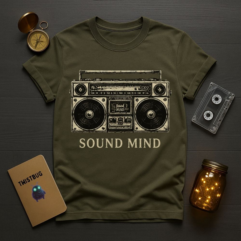 Green t-shirt with a boombox graphic and 'Sound Mind' text, placed on a wooden surface with vintage items.