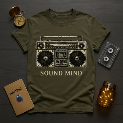 Green t-shirt with a boombox graphic and 'Sound Mind' text, placed on a wooden surface with vintage items.