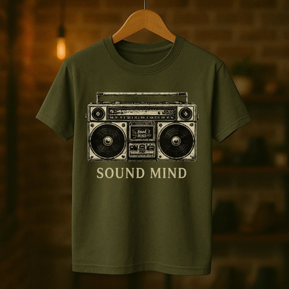 Green t-shirt with a graphic of a boombox and 'Sound Mind' text on a wooden hanger against a dark background.