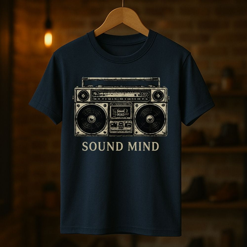 Navy blue t-shirt with a graphic of a boombox and 'Sound Mind' text on a wooden hanger against a dark background.