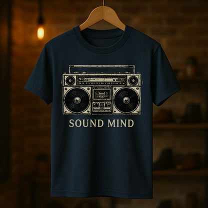 Navy blue t-shirt with a graphic of a boombox and 'Sound Mind' text on a wooden hanger against a dark background.