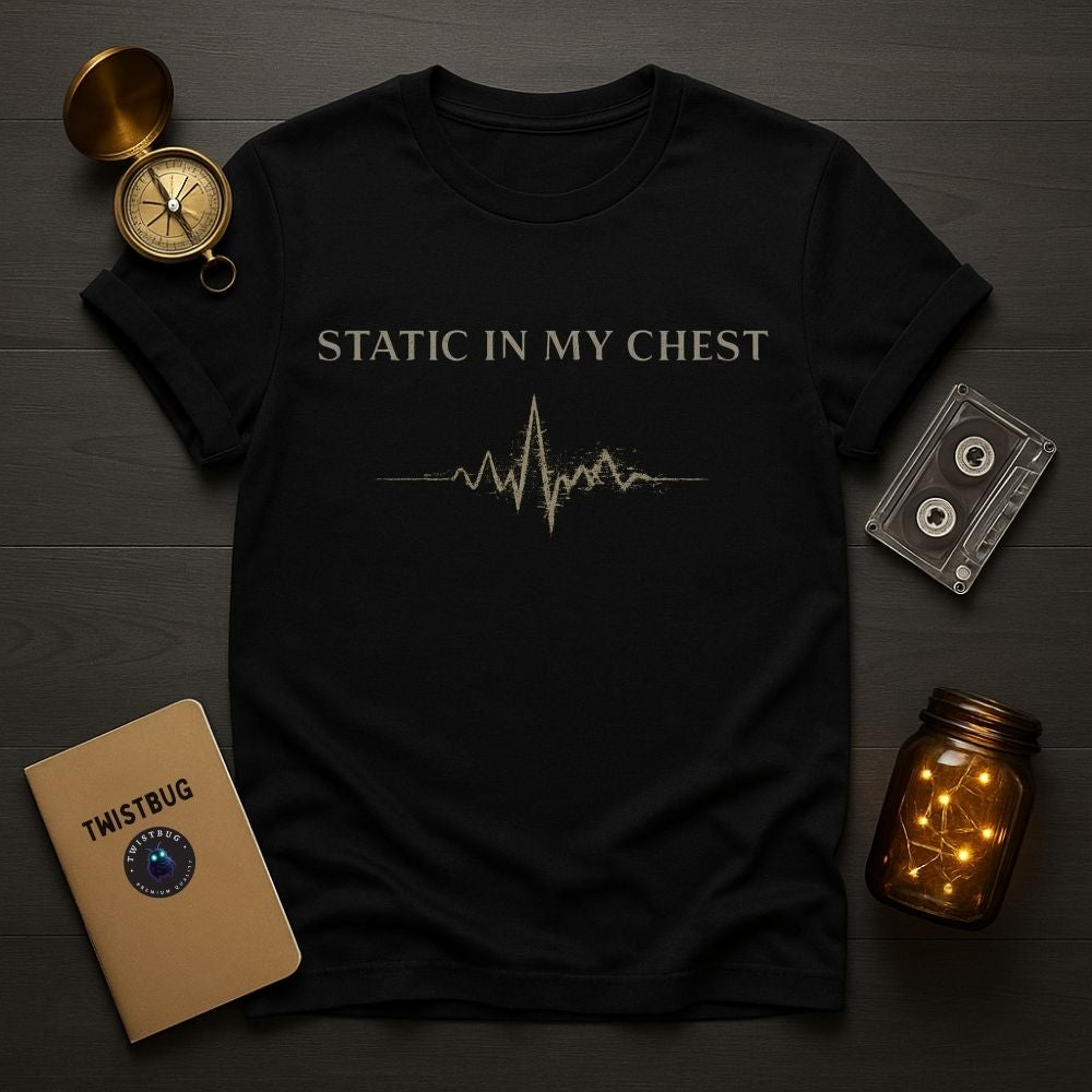 Black t-shirt with 'Static in My Chest' design on a wooden surface with a compass, cassette tape, and jar.