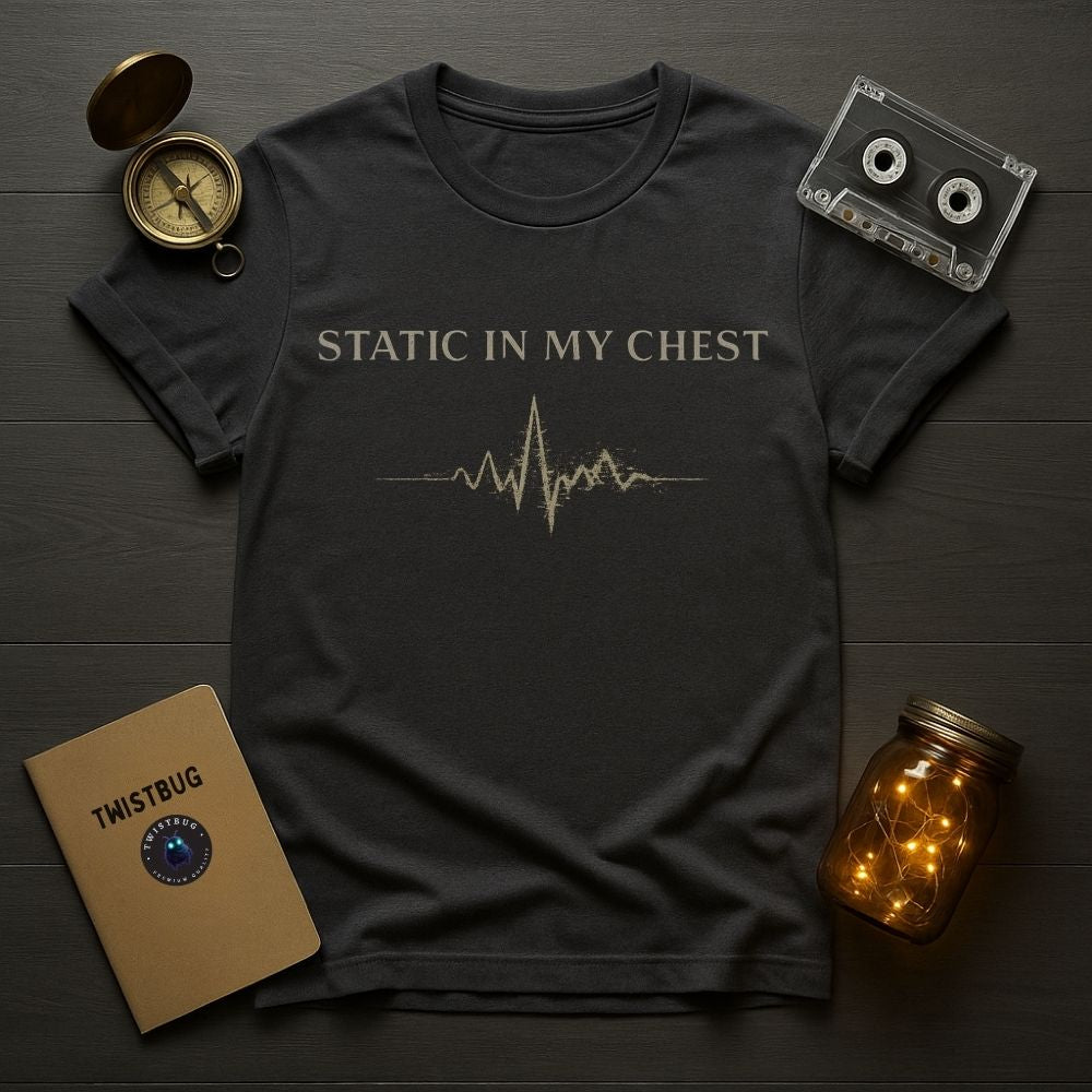 Black t-shirt with 'Static in My Chest' design on a wooden surface with a compass, cassette tape, and jar.