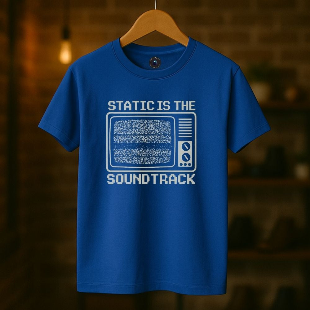 Royal blue graphic T-shirt with analog static television design