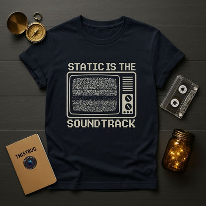 Navy blue graphic T-shirt featuring retro television static artwork