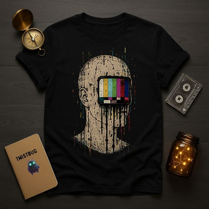 A black graphic t-shirt laid flat on a dark wood background, surrounded by decorative props including a compass, cassette tape, notebook, and mason jar with string lights. The shirt features a distressed beige head graphic with a TV color test pattern over the eyes.