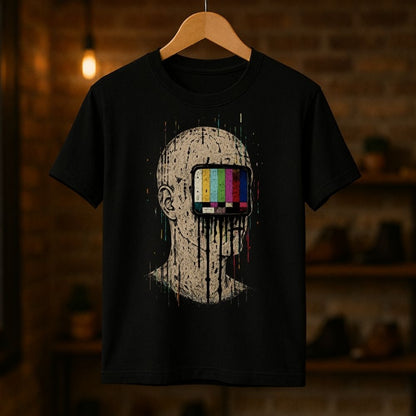 A black short-sleeve t-shirt hanging on a wooden hanger against a warm, blurred brick wall background. The shirt features a graphic print of a distressed, bald human head with a television screen for an eye, displaying classic color test bars with dripping paint details.