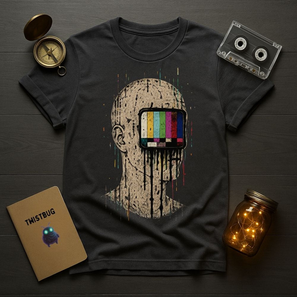 A dark charcoal gray graphic t-shirt laid flat on a dark wood background, surrounded by decorative props including a vintage compass, a cassette tape, a notebook labeled TWISTBUG, and a glass jar with warm fairy lights. The t-shirt features a distressed graphic of a bald head with a television screen over the eyes displaying classic color test bars.