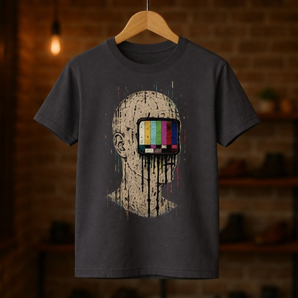 A dark charcoal gray t-shirt hanging on a wooden hanger against a warm, blurred brick wall background. The shirt features a graphic print of a distressed, textured bald head with a television screen for a face displaying the classic color test pattern.