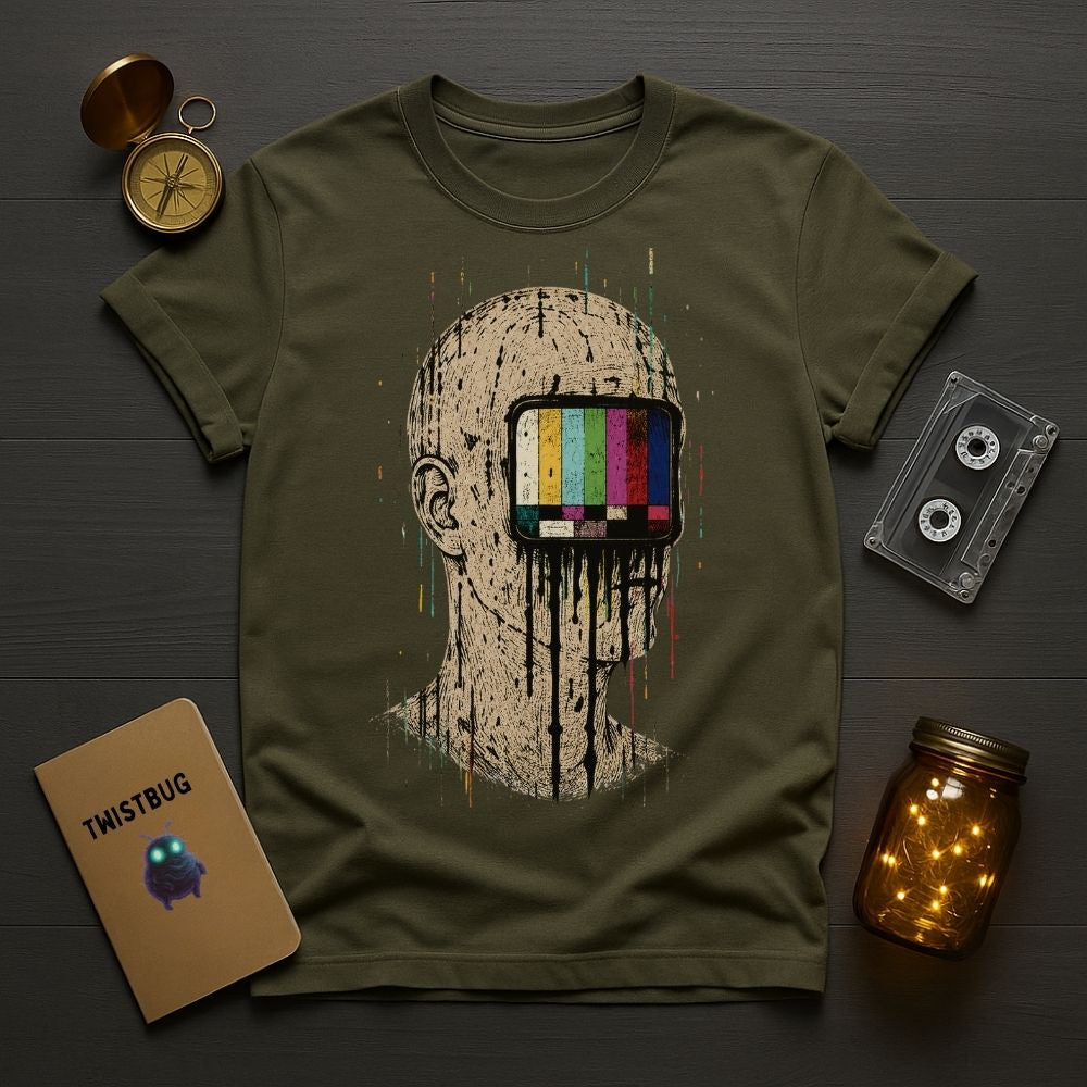 An olive green graphic t-shirt laid flat on a dark wood background, surrounded by decorative props including a compass, a cassette tape, a notebook, and a mason jar with warm lights. The t-shirt features a distressed graphic of a bald head with a television screen for the eye displaying vintage color test bars.