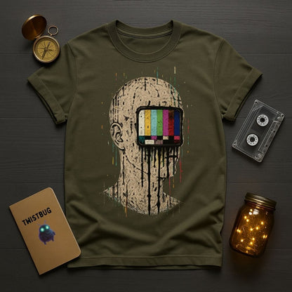 An olive green graphic t-shirt laid flat on a dark wood background, surrounded by decorative props including a compass, a cassette tape, a notebook, and a mason jar with warm lights. The t-shirt features a distressed graphic of a bald head with a television screen for the eye displaying vintage color test bars.