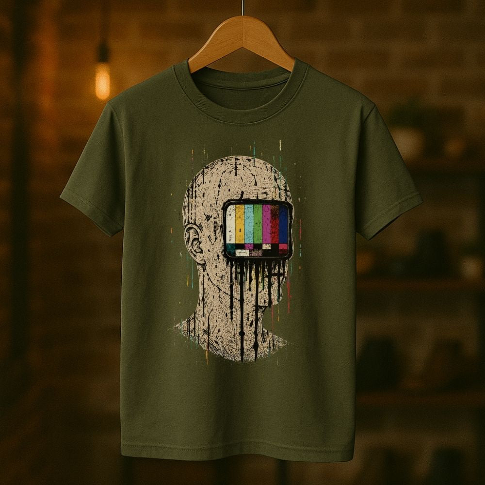 An olive green t-shirt hanging on a wooden hanger against a warm, blurred brick wall background. The t-shirt features a graphic print of a distressed, paint-splattered human head with a television test pattern screen for the eyes.