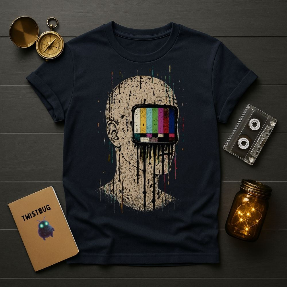 A navy blue graphic t-shirt laid flat on a dark wood background, surrounded by decorative props including a pocket watch, a cassette tape, a notebook labeled TWISTBUG, and a glowing mason jar. The shirt features a distressed beige head graphic with a television screen over the eyes displaying the classic color test pattern.