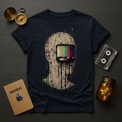 A navy blue graphic t-shirt laid flat on a dark wood background, surrounded by decorative props including a pocket watch, a cassette tape, a notebook labeled TWISTBUG, and a glowing mason jar. The shirt features a distressed beige head graphic with a television screen over the eyes displaying the classic color test pattern.