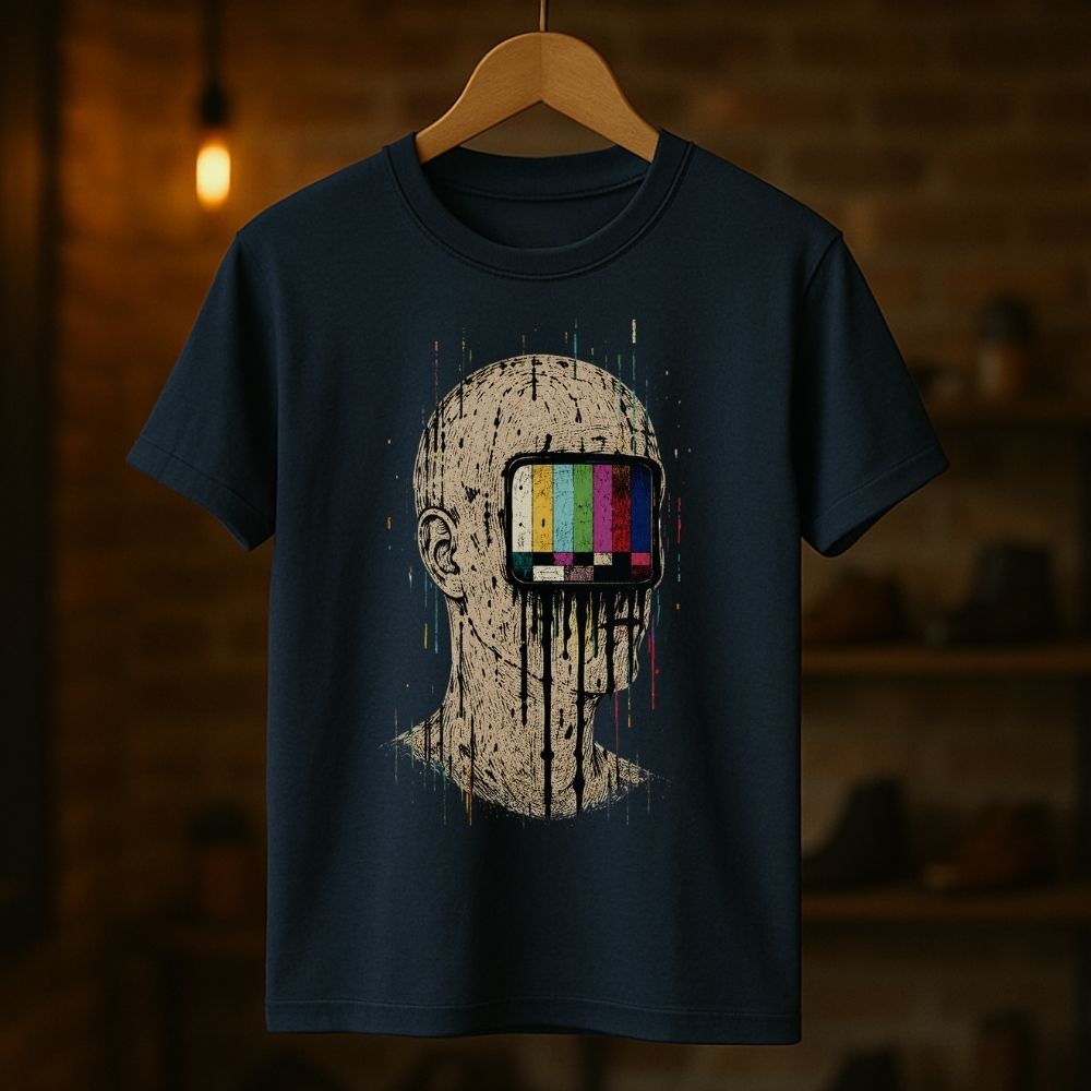 A dark navy blue t-shirt hanging on a wooden hanger against a warm, blurred background of a brick wall and shelves. The shirt features a graphic print of a dripping, distressed beige human head with a television test pattern screen on the forehead.