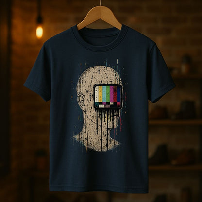 A dark navy blue t-shirt hanging on a wooden hanger against a warm, blurred background of a brick wall and shelves. The shirt features a graphic print of a dripping, distressed beige human head with a television test pattern screen on the forehead.