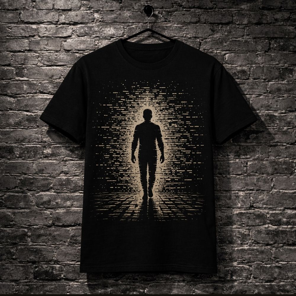 Black t-shirt with a silhouette design of a person walking on a brick wall background