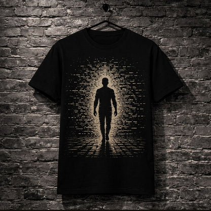 Black t-shirt with a silhouette design of a person walking on a brick wall background
