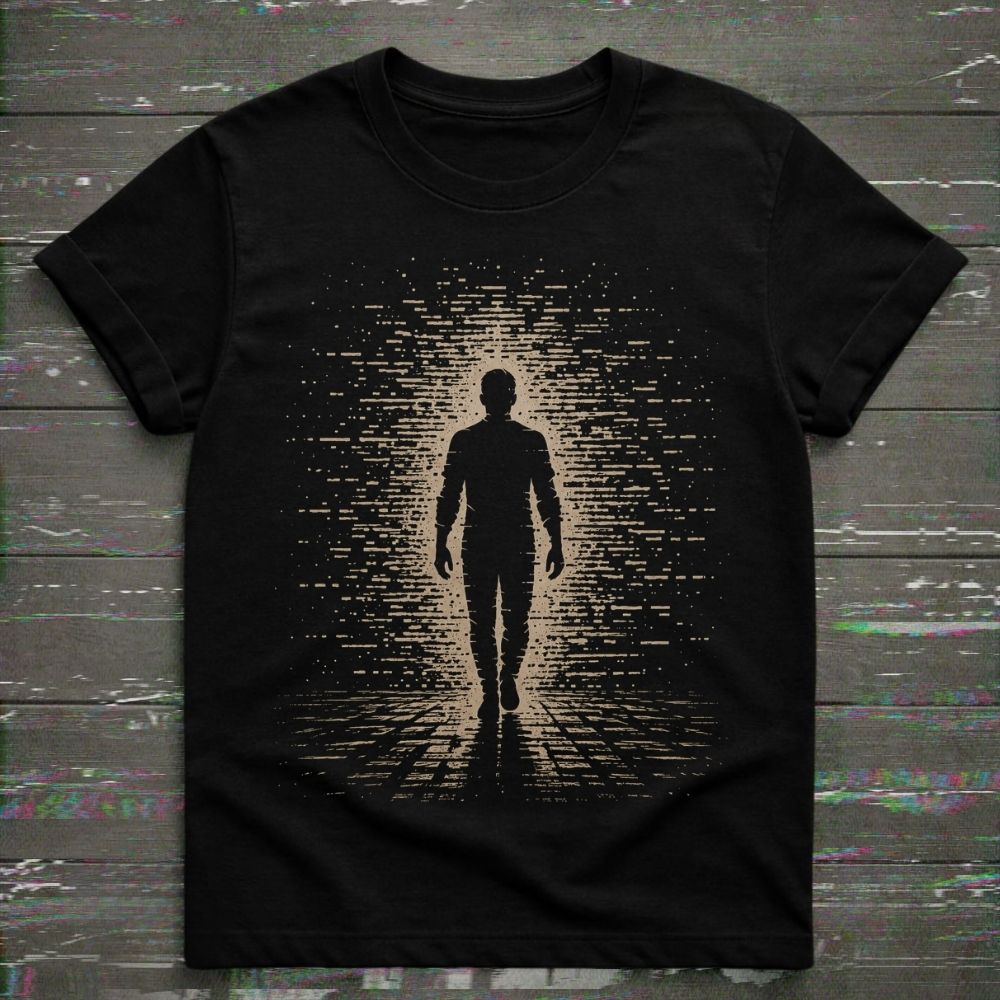 Black t-shirt with a silhouette of a person walking on a digital path design.