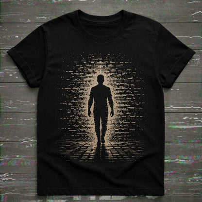 Black t-shirt with a silhouette of a person walking on a digital path design.