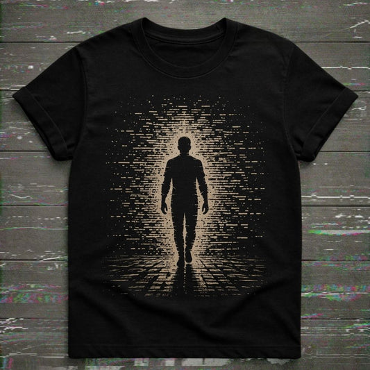 Black t-shirt with a silhouette of a person walking on a digital path design.