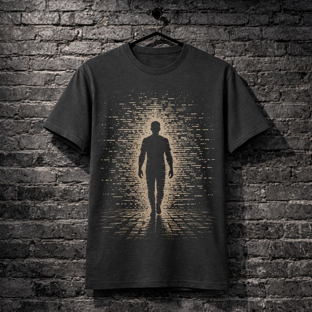 T-shirt with a graphic design of a silhouette walking on a digital grid against a brick wall.