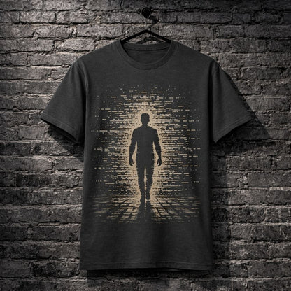 T-shirt with a graphic design of a silhouette walking on a digital grid against a brick wall.