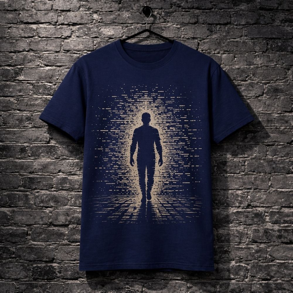 Navy blue t-shirt with a graphic of a silhouette walking through digital code against a brick wall.