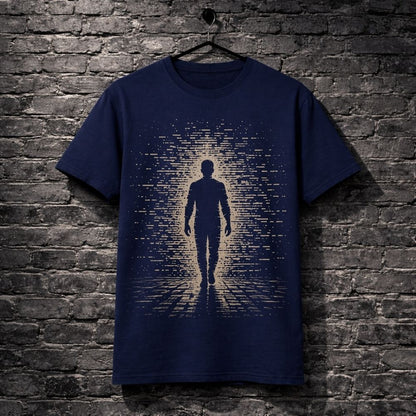 Navy blue t-shirt with a graphic of a silhouette walking through digital code against a brick wall.