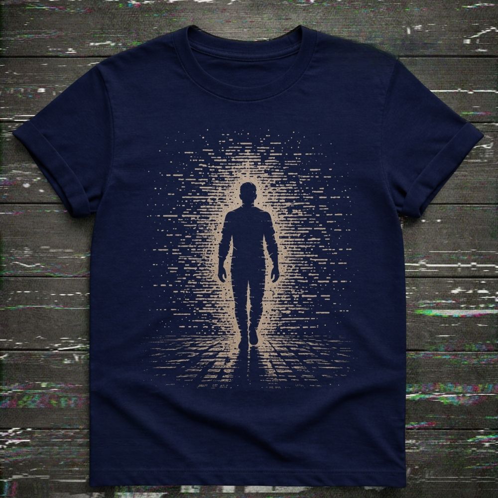 Navy blue t-shirt with a silhouette of a person walking on a digital path design.