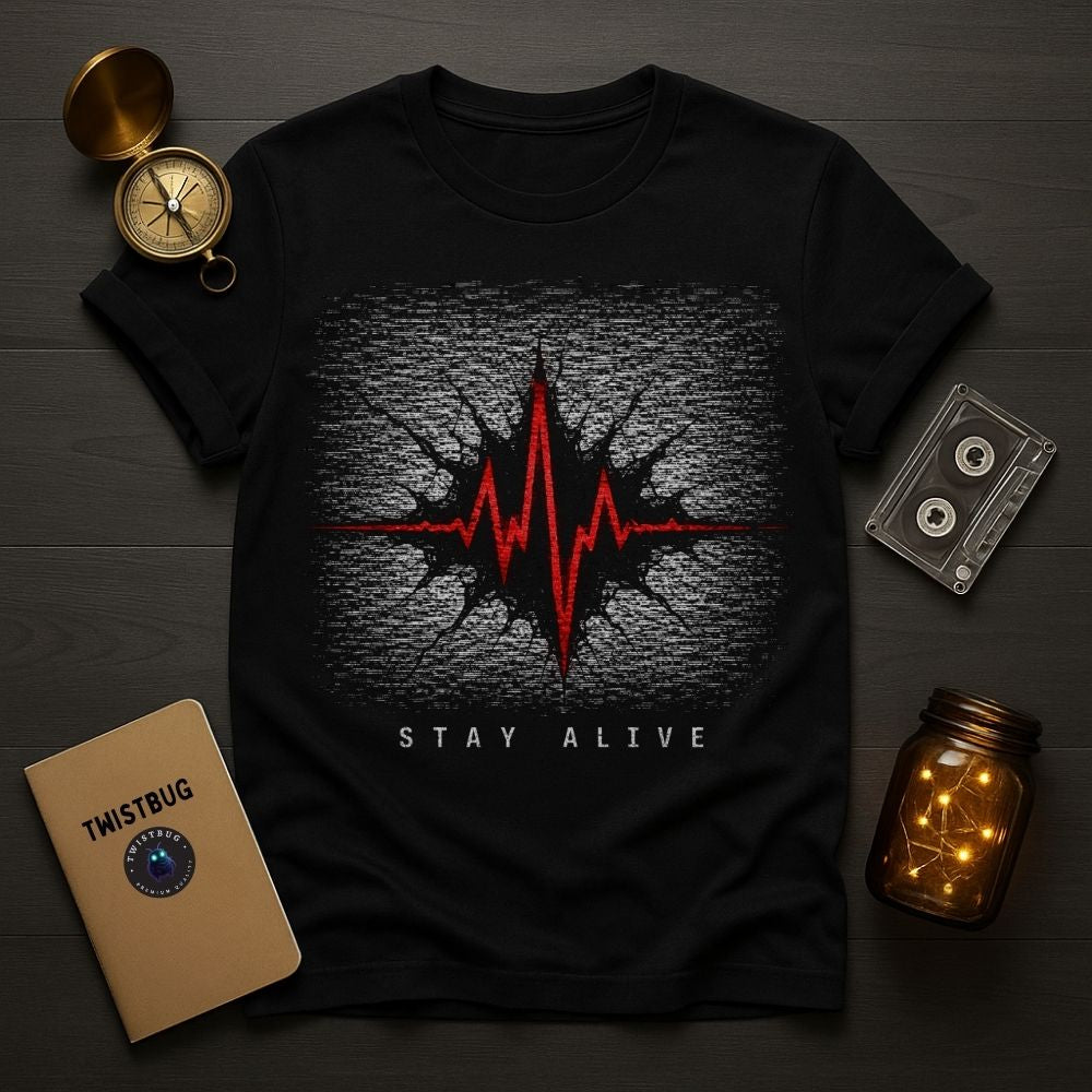 Black t-shirt with red heartbeat design and 'Stay Alive' text on a wooden surface with decorative items.
