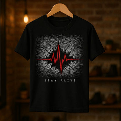 Black t-shirt with a red heartbeat design and 'Stay Alive' text on a wooden hanger against a dark background.