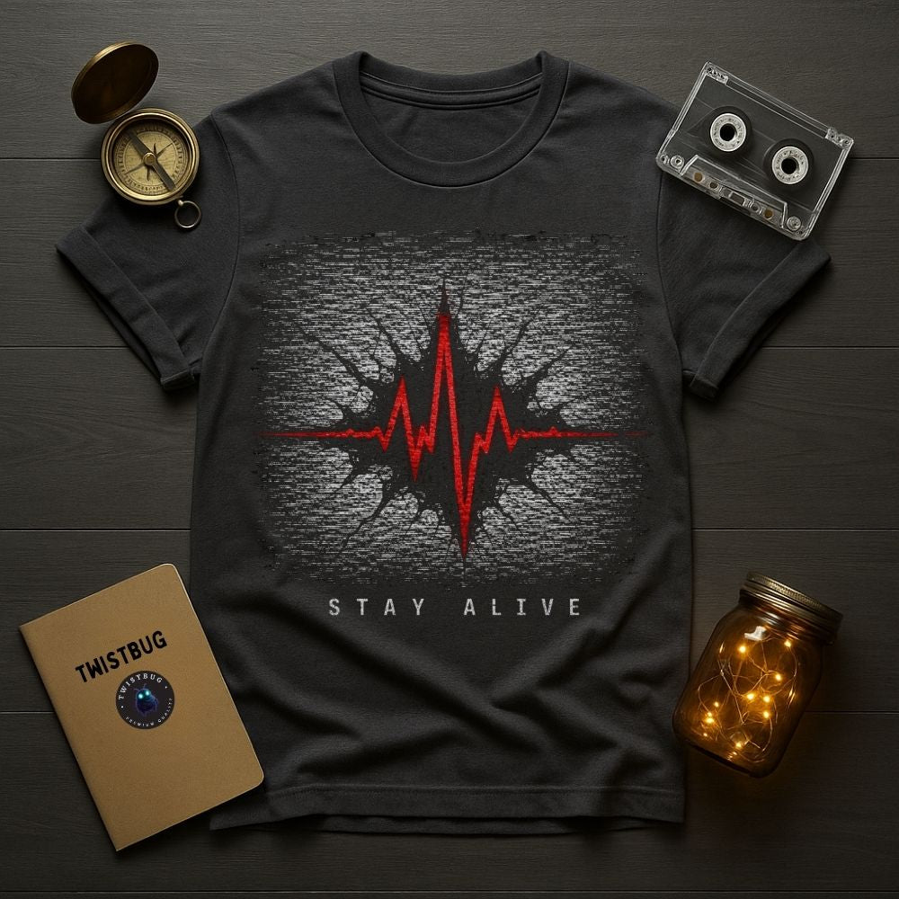 Black t-shirt with red heartbeat design and 'Stay Alive' text on a wooden surface with a compass, cassette tape, and jar.