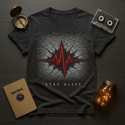 Black t-shirt with red heartbeat design and 'Stay Alive' text on a wooden surface with a compass, cassette tape, and jar.